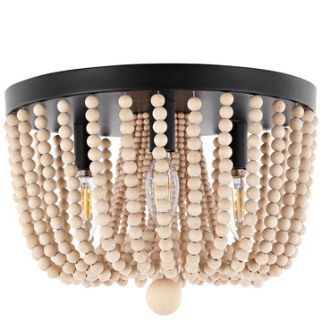 Eivissa 13" Coastal Farmhouse Iron/Wood Bead LED Flush Mount - JONATHAN Y